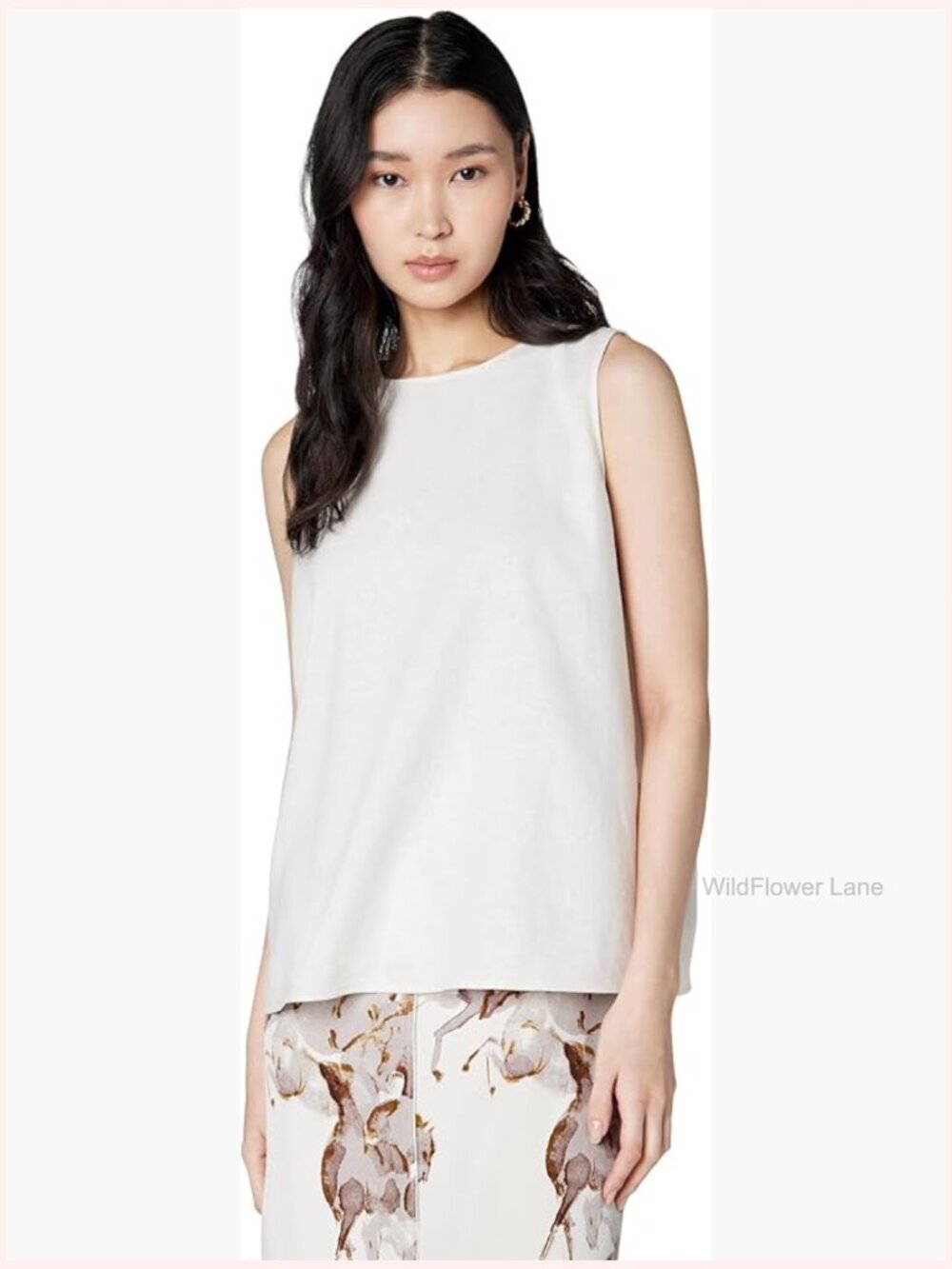 Linen Blend Shell Top - Sleeveless Crew Neck with Keyhole Button
